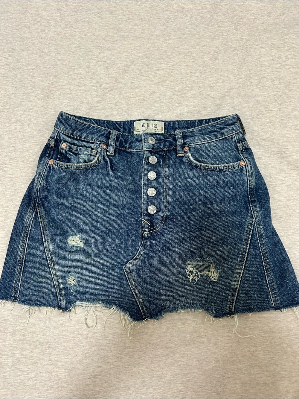 We The Free Dark Blue Distressed Button-Front Denim Mini Skirt